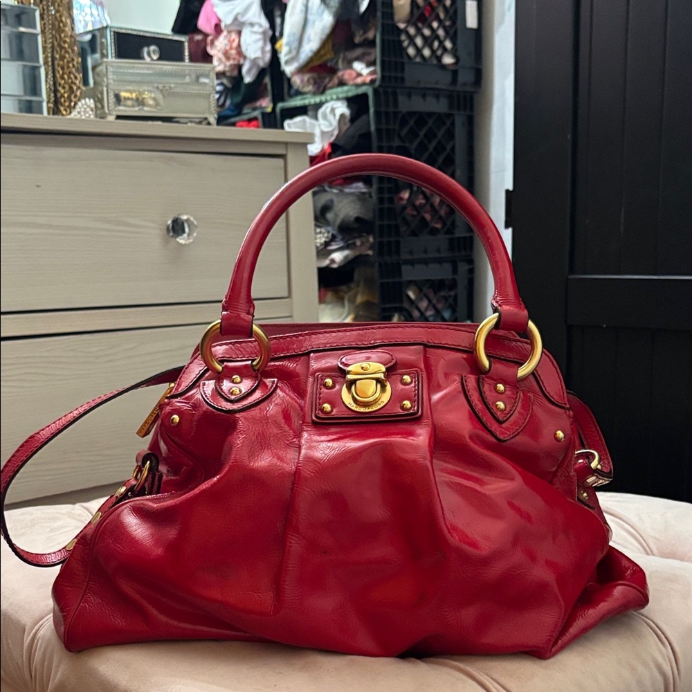Marc Jacobs Red Patent Leather Shoulder Bag with Gold Accents